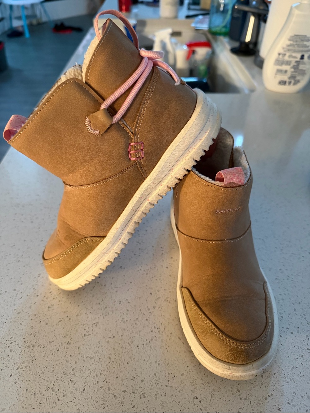 Kids Tan Winter Boots with Pink Accents - Cozy Slip-On Style